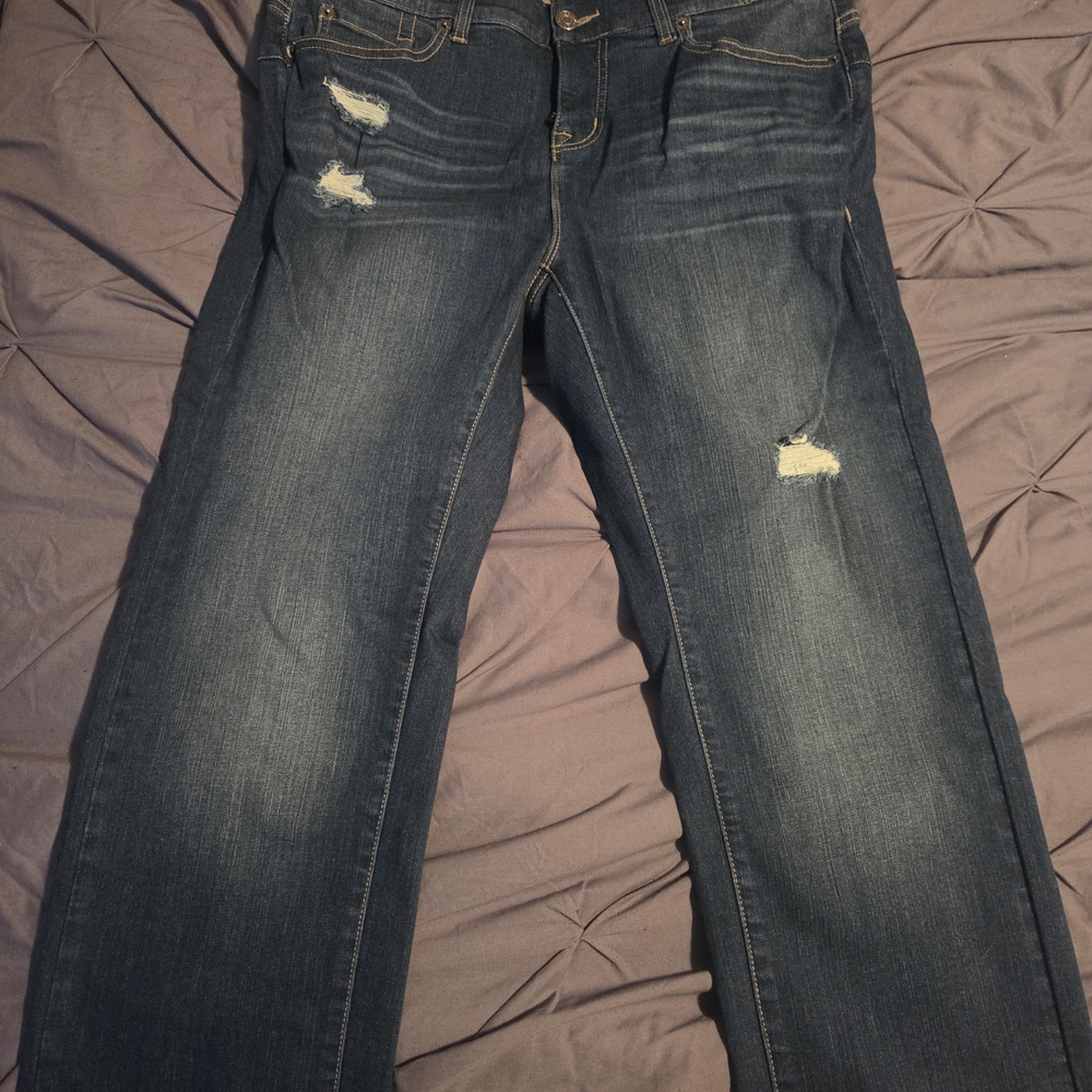Torrid Dark Blue Distressed Straight Leg Jeans